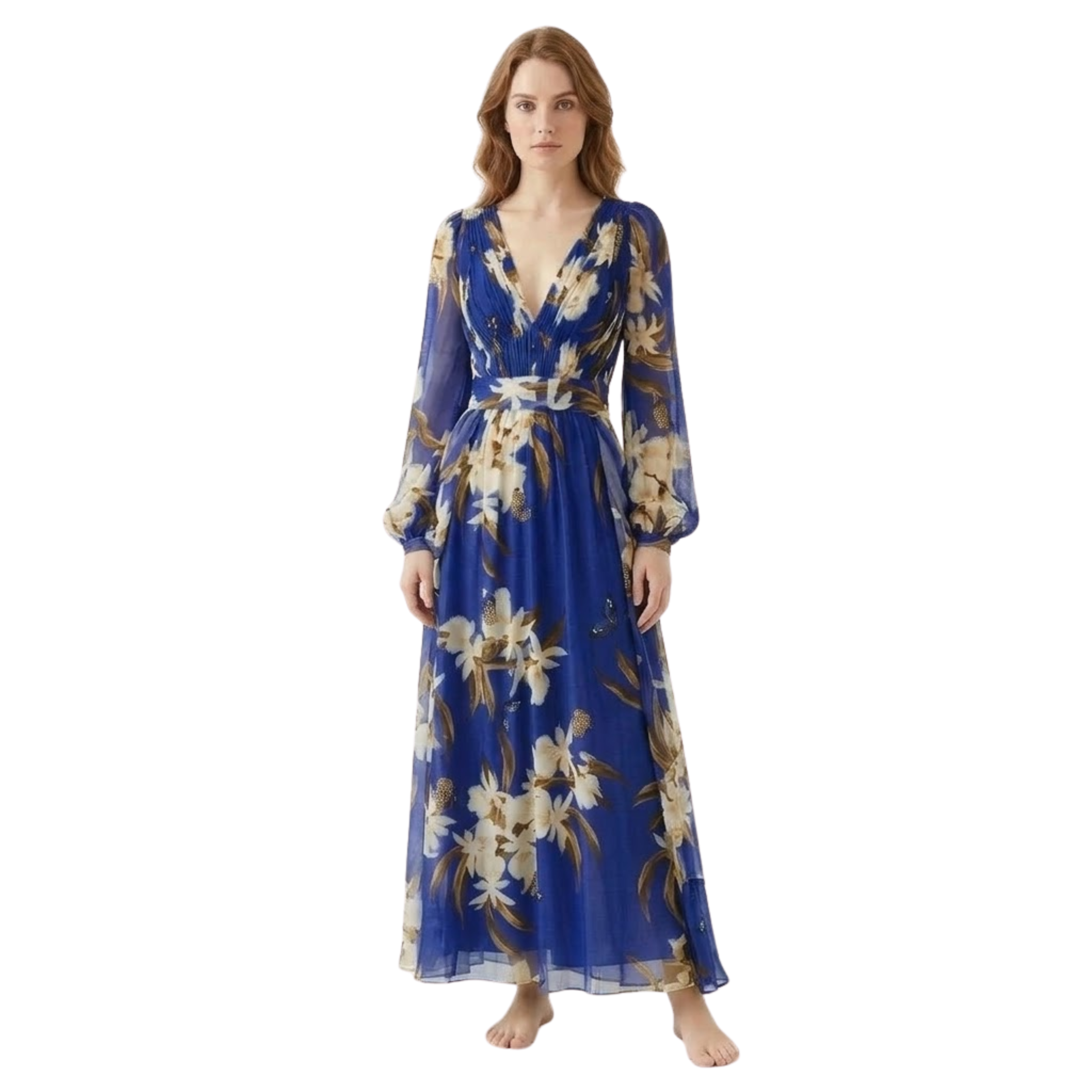 Women’s Long Sleeve Floral Maxi Dress with V-Neck and High Waist 4