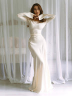 Women’s Long Sleeve Maxi Dress in Ivory Satin 1