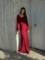 Women’s Long Sleeve Maxi Dress in Ivory Satin 2
