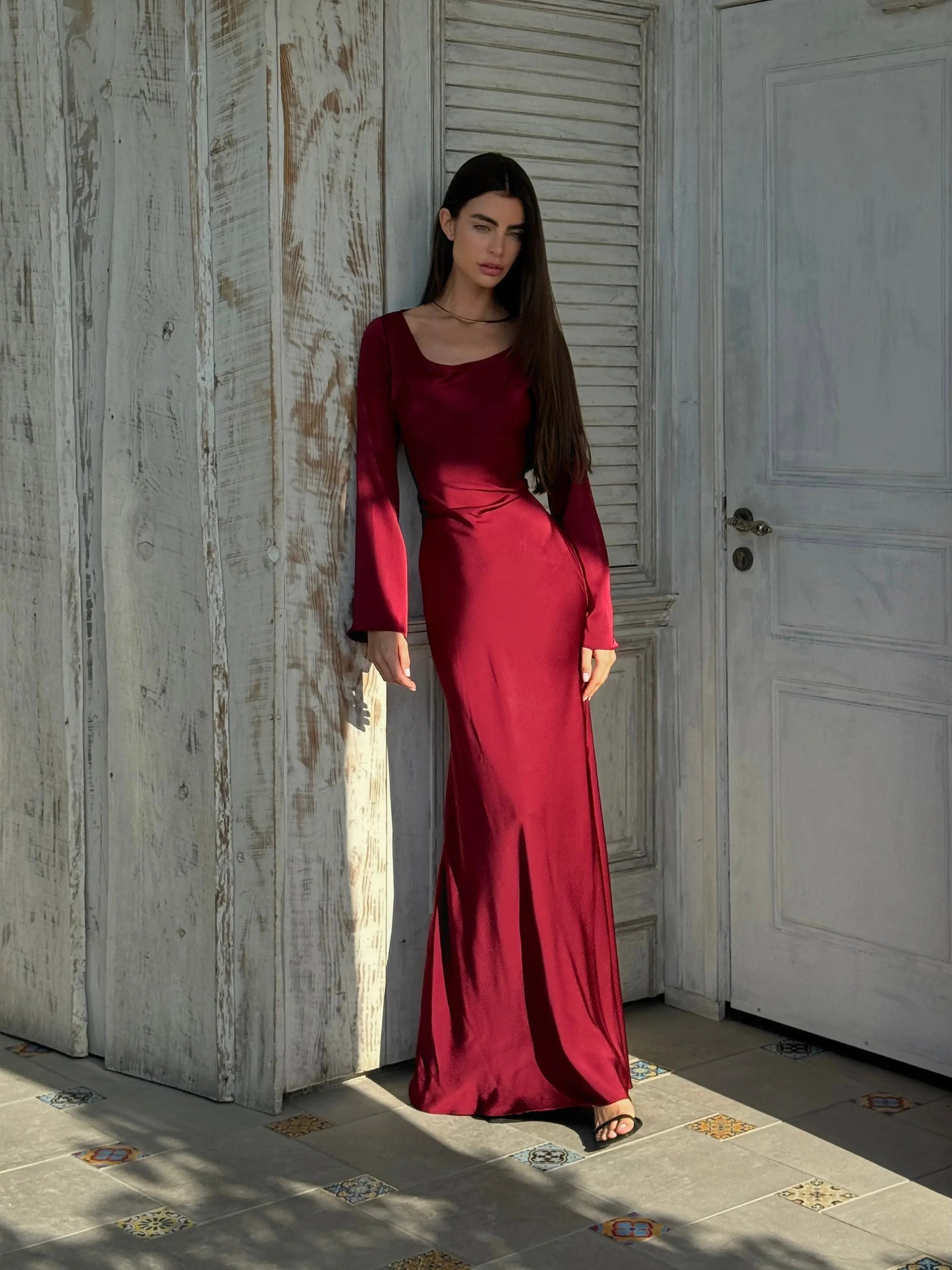 Women’s Long Sleeve Maxi Dress in Ivory Satin 2