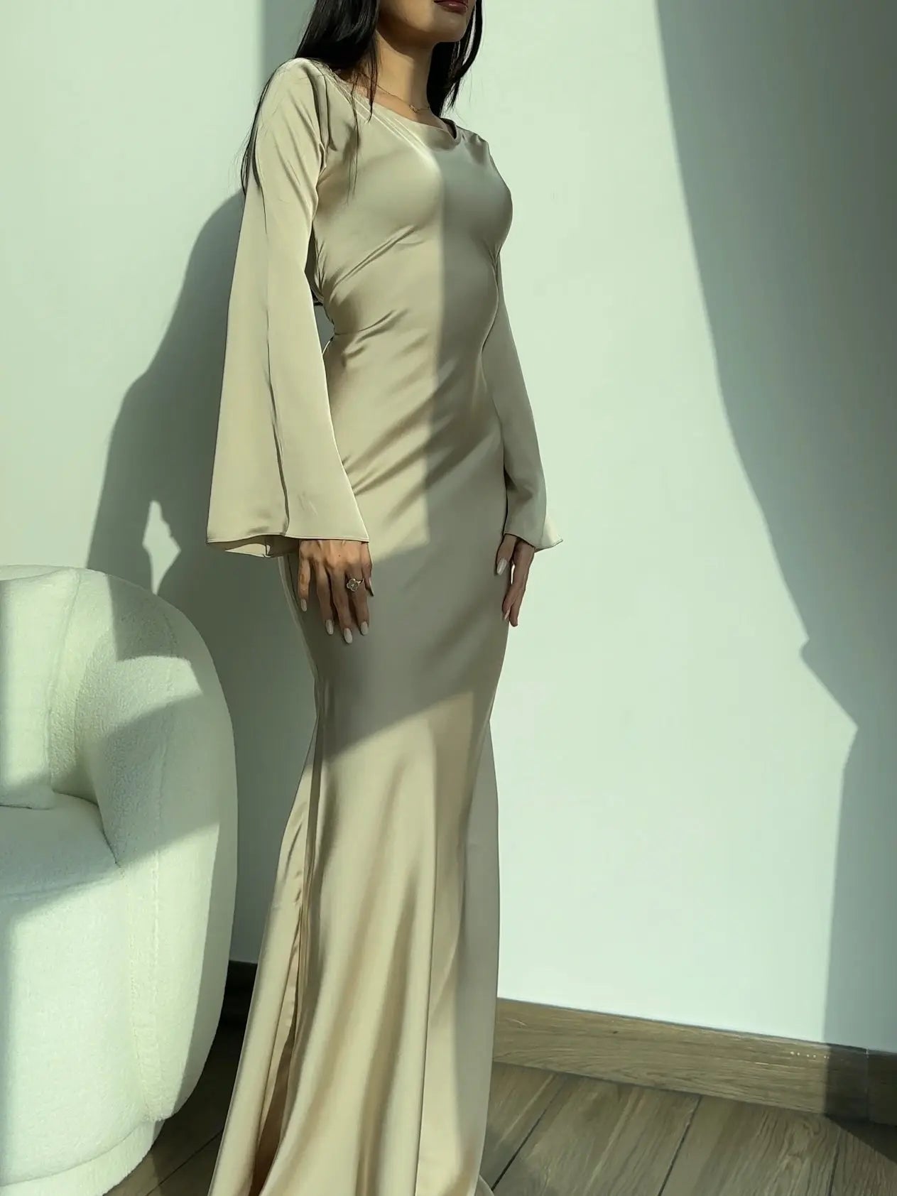 Women’s Long Sleeve Maxi Dress in Ivory Satin 3