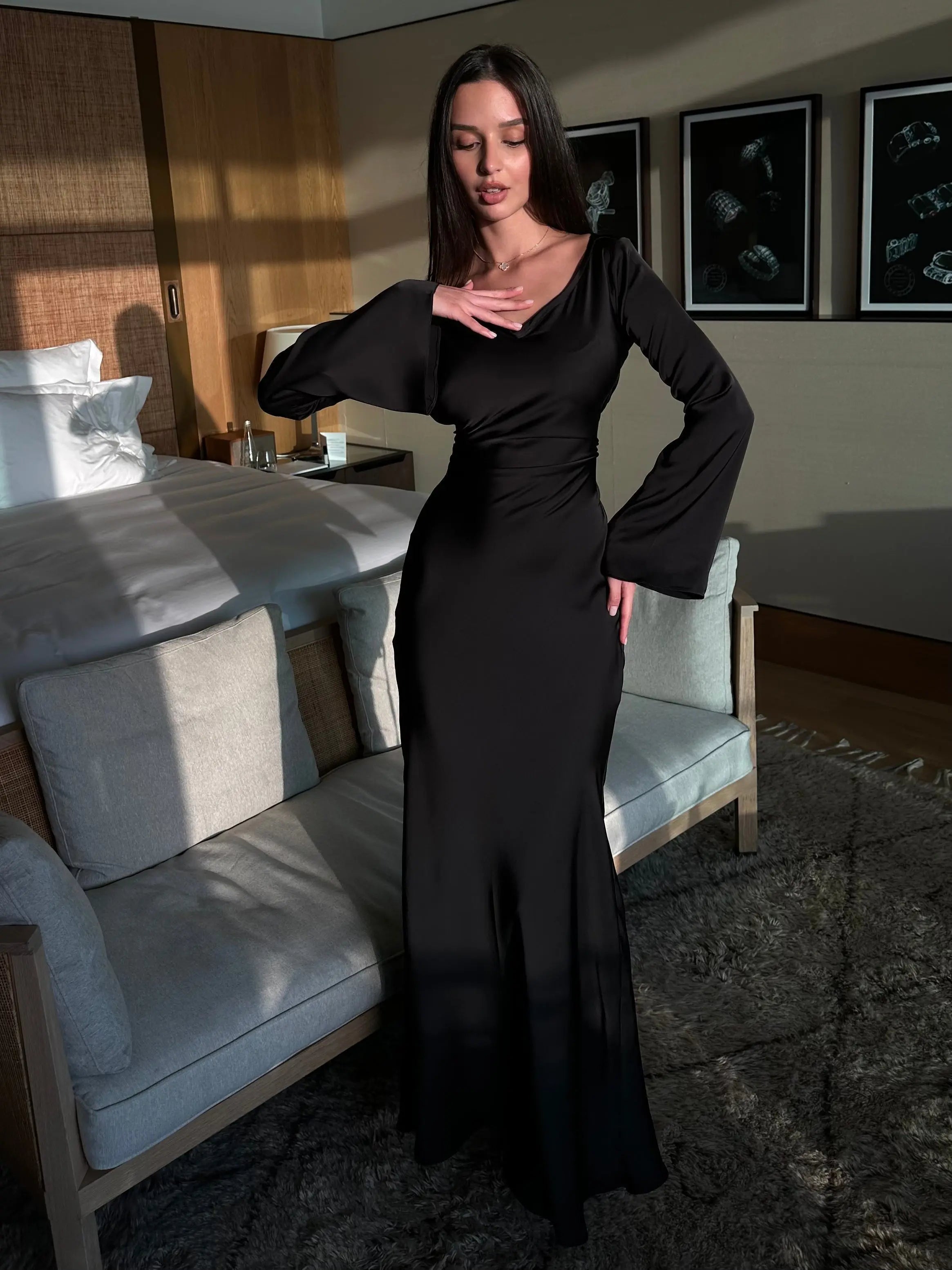 Women’s Long Sleeve Maxi Dress in Ivory Satin 5
