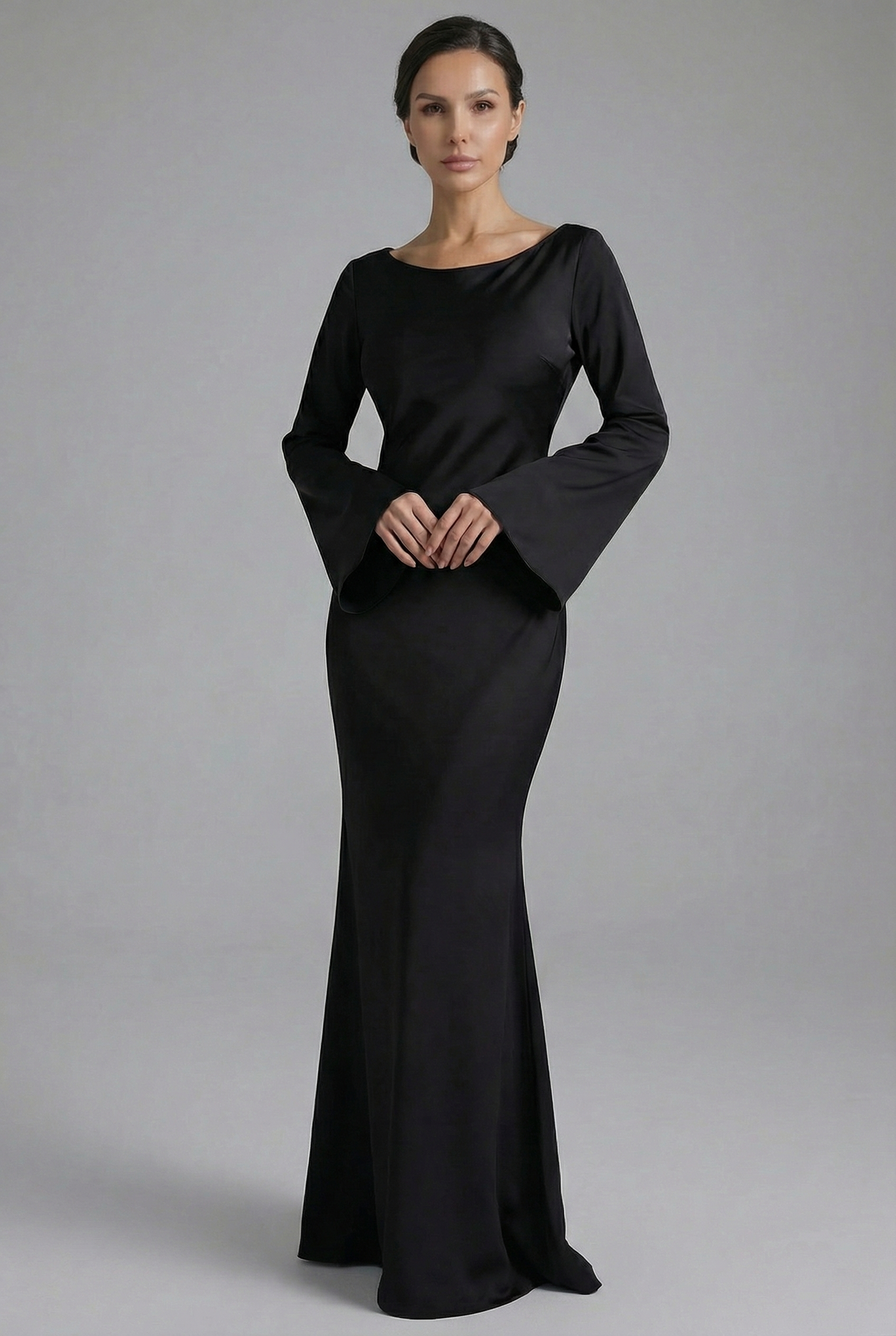 Women’s Long Sleeve Maxi Dress with Clean Neckline and Flowing Drape 4