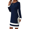 Women’s Long Sleeve Midi Shift Dress with Crew Neck and Contrast Panels 0