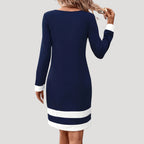 Women’s Long Sleeve Midi Shift Dress with Crew Neck and Contrast Panels 1