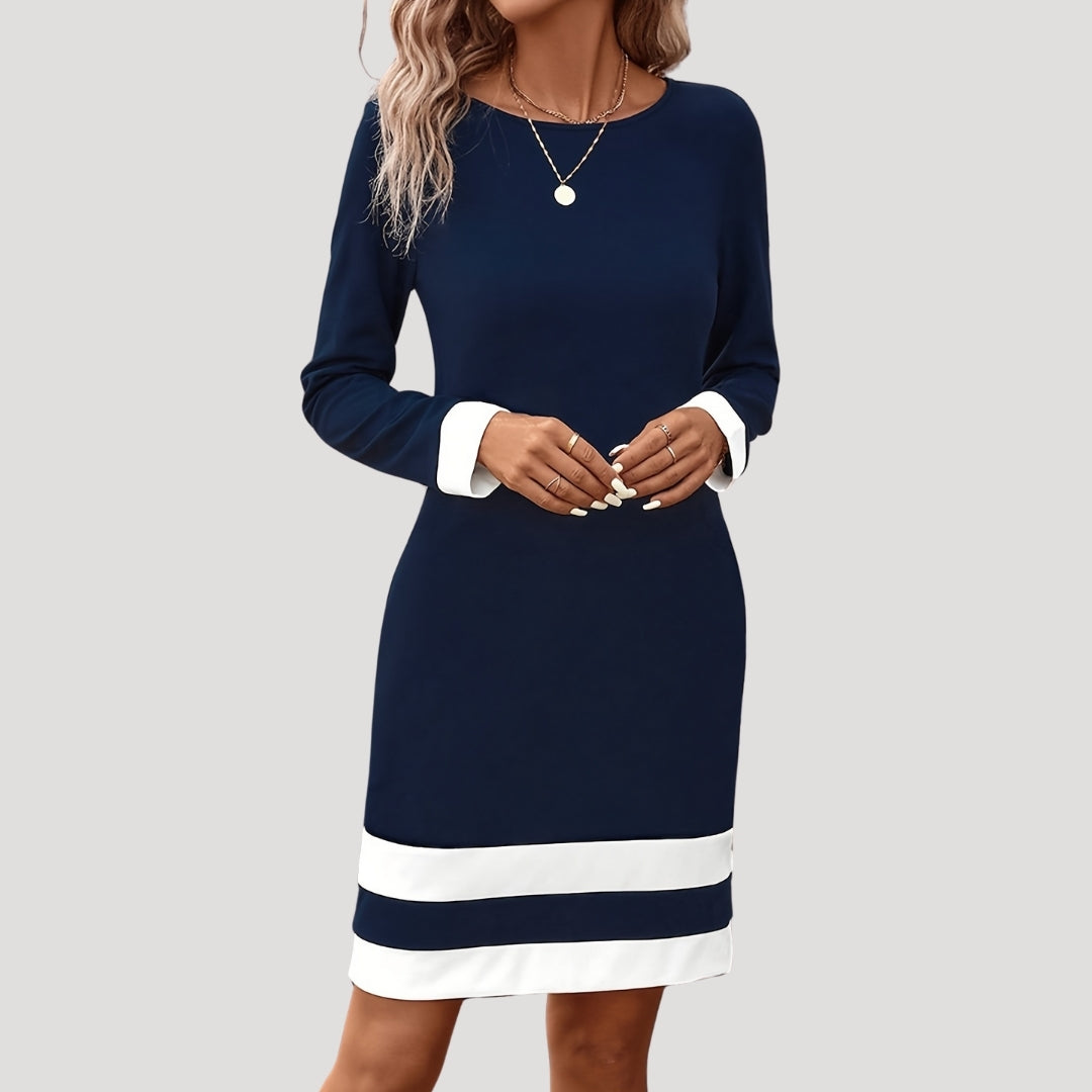 Women’s Long Sleeve Midi Shift Dress with Crew Neck and Contrast Panels 2