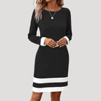 Women’s Long Sleeve Midi Shift Dress with Crew Neck and Contrast Panels 3