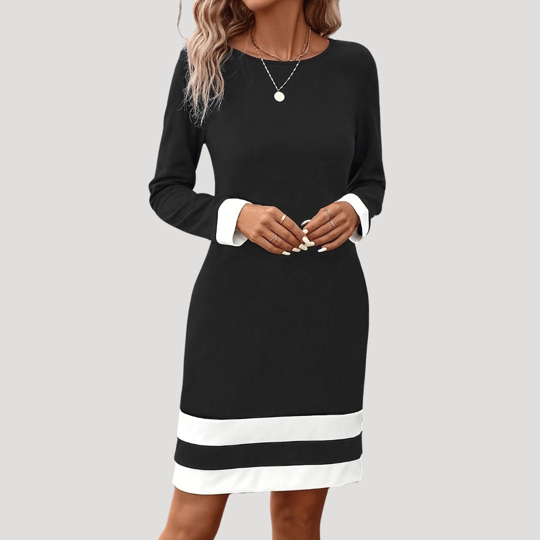Women’s Long Sleeve Midi Shift Dress with Crew Neck and Contrast Panels 3