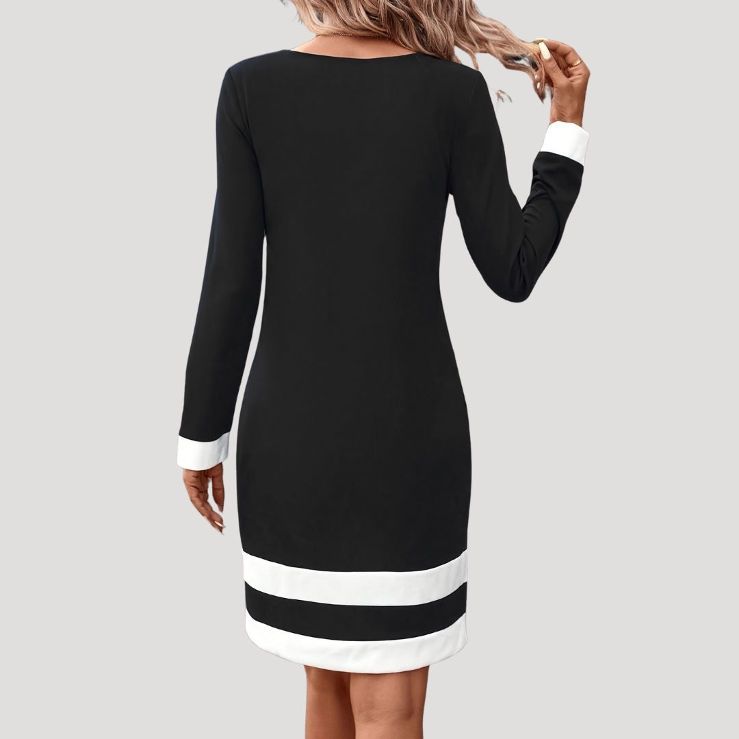 Women’s Long Sleeve Midi Shift Dress with Crew Neck and Contrast Panels 4
