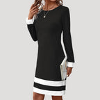 Women’s Long Sleeve Midi Shift Dress with Crew Neck and Contrast Panels 6