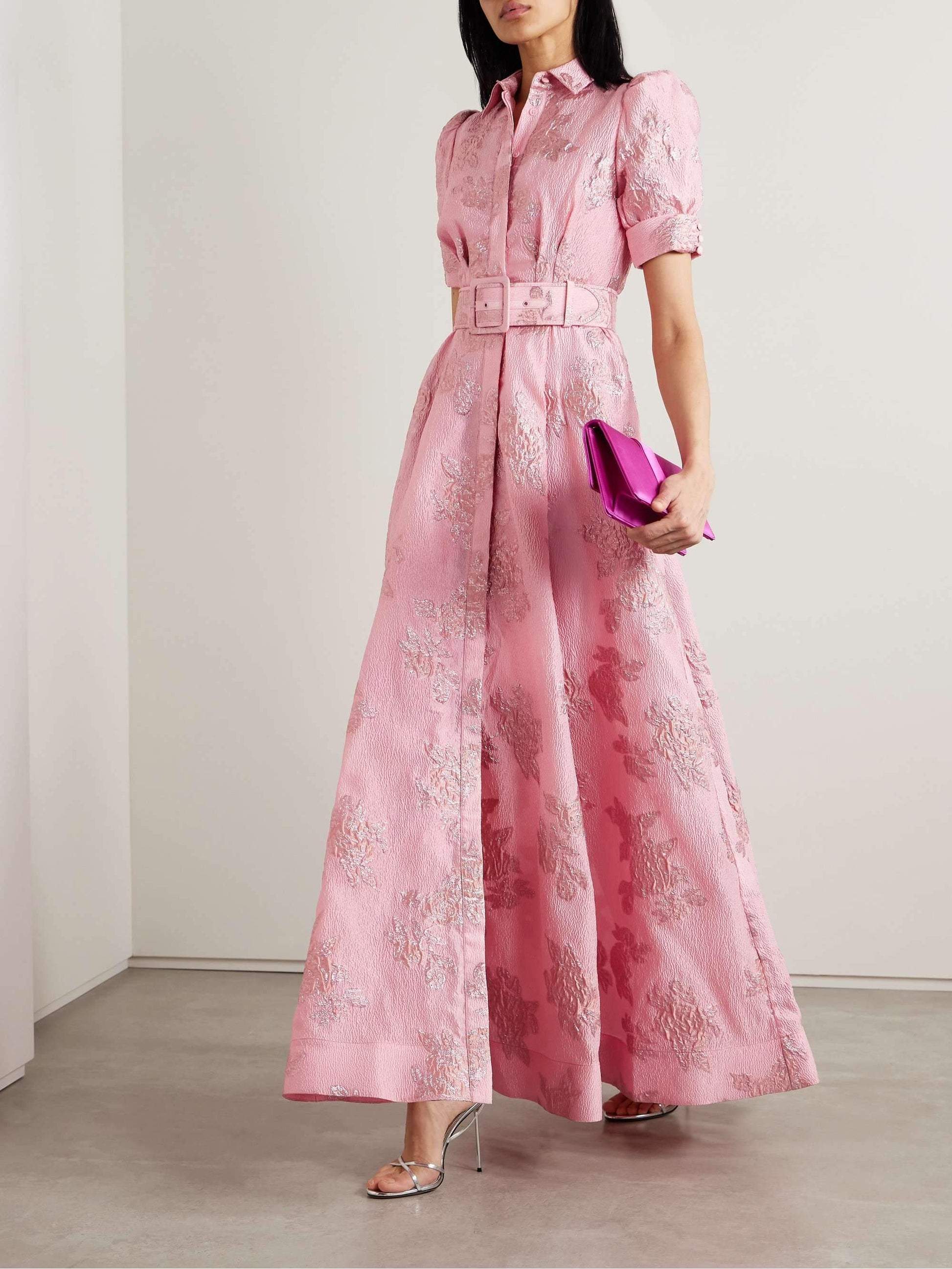 Women’s Maxi Dress with Puff Sleeves and Waist Buckle in Floral Print 0