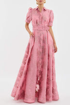 Women’s Maxi Dress with Puff Sleeves and Waist Buckle in Floral Print 1