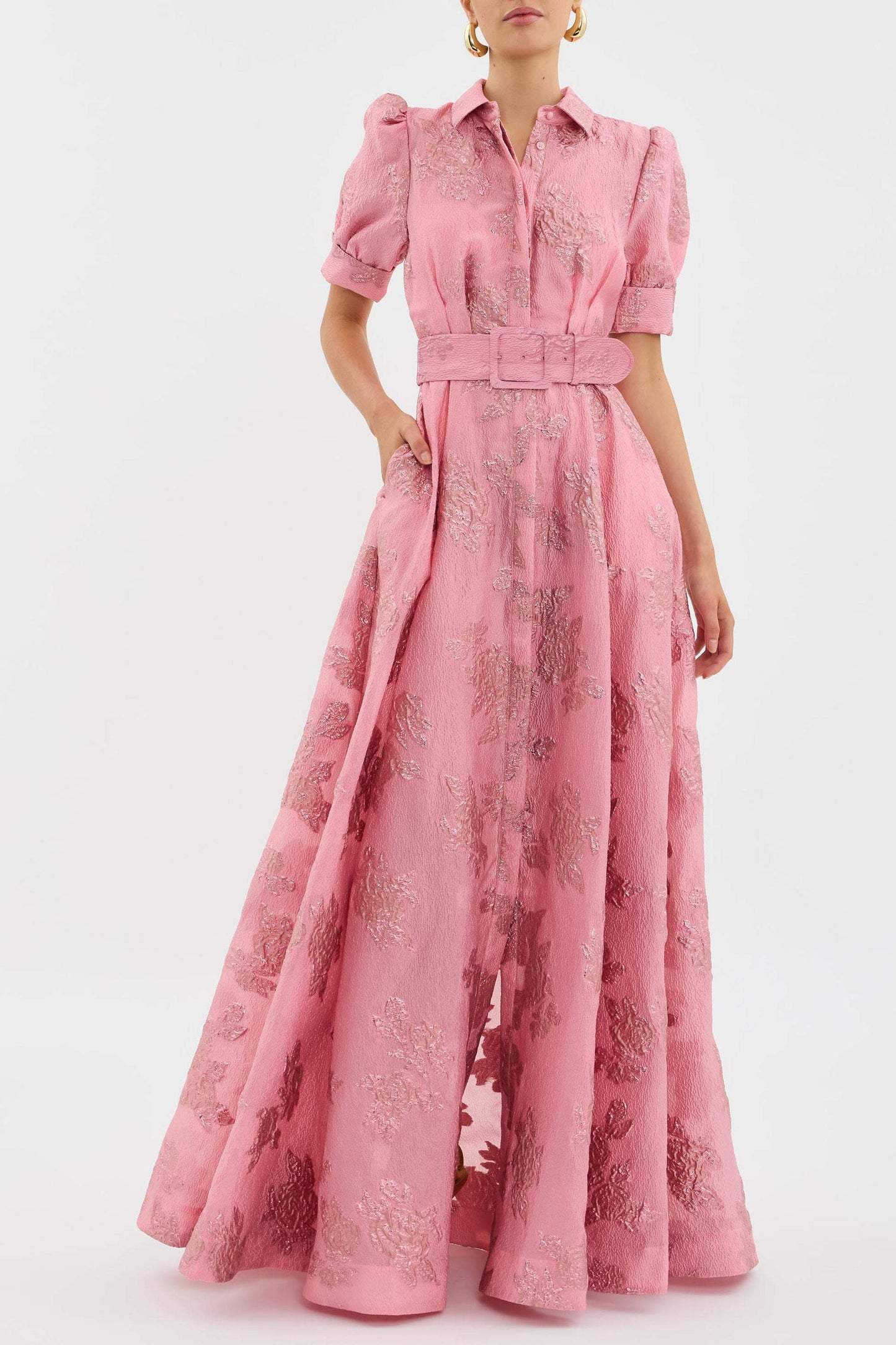 Women’s Maxi Dress with Puff Sleeves and Waist Buckle in Floral Print 1