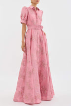 Women’s Maxi Dress with Puff Sleeves and Waist Buckle in Floral Print 3