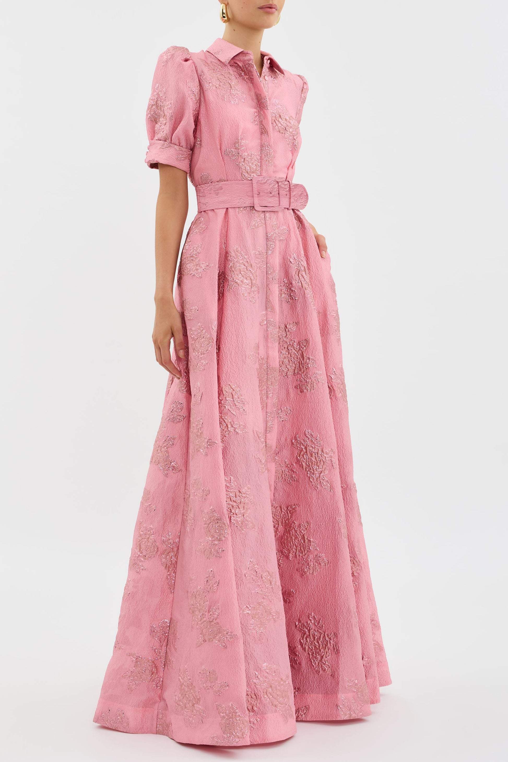 Women’s Maxi Dress with Puff Sleeves and Waist Buckle in Floral Print 3