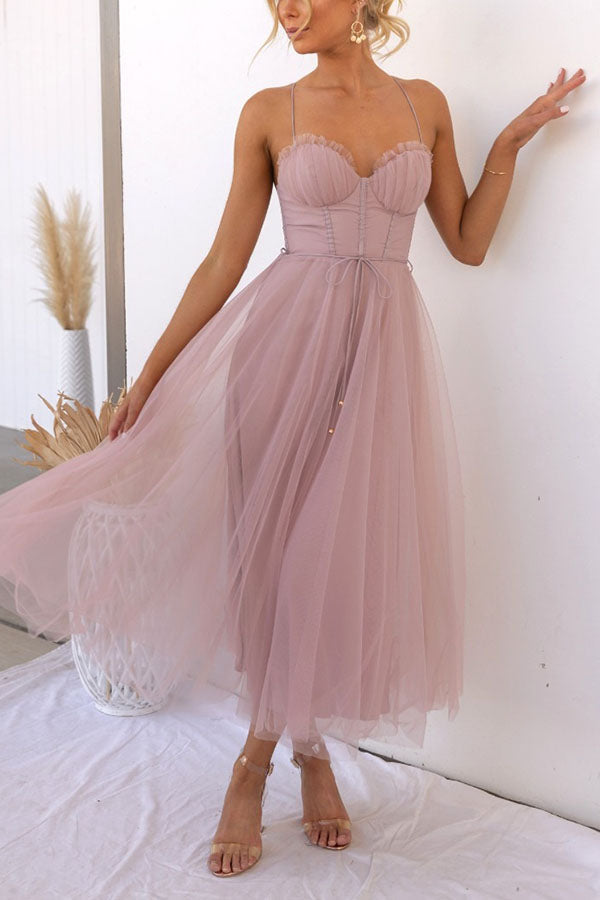 Women’s Midi Dress with Corset Bodice and Tulle Skirt for Summer Events 0