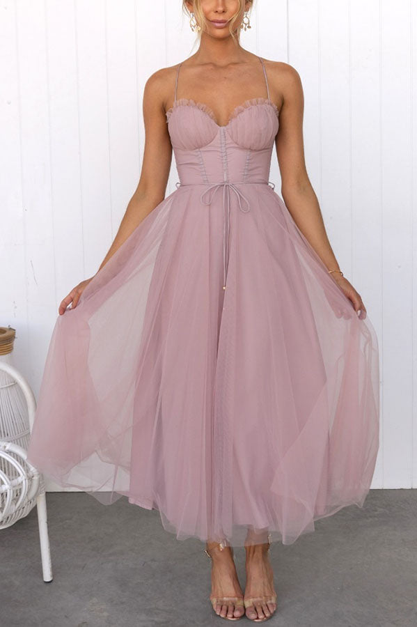 Women’s Midi Dress with Corset Bodice and Tulle Skirt for Summer Events 2