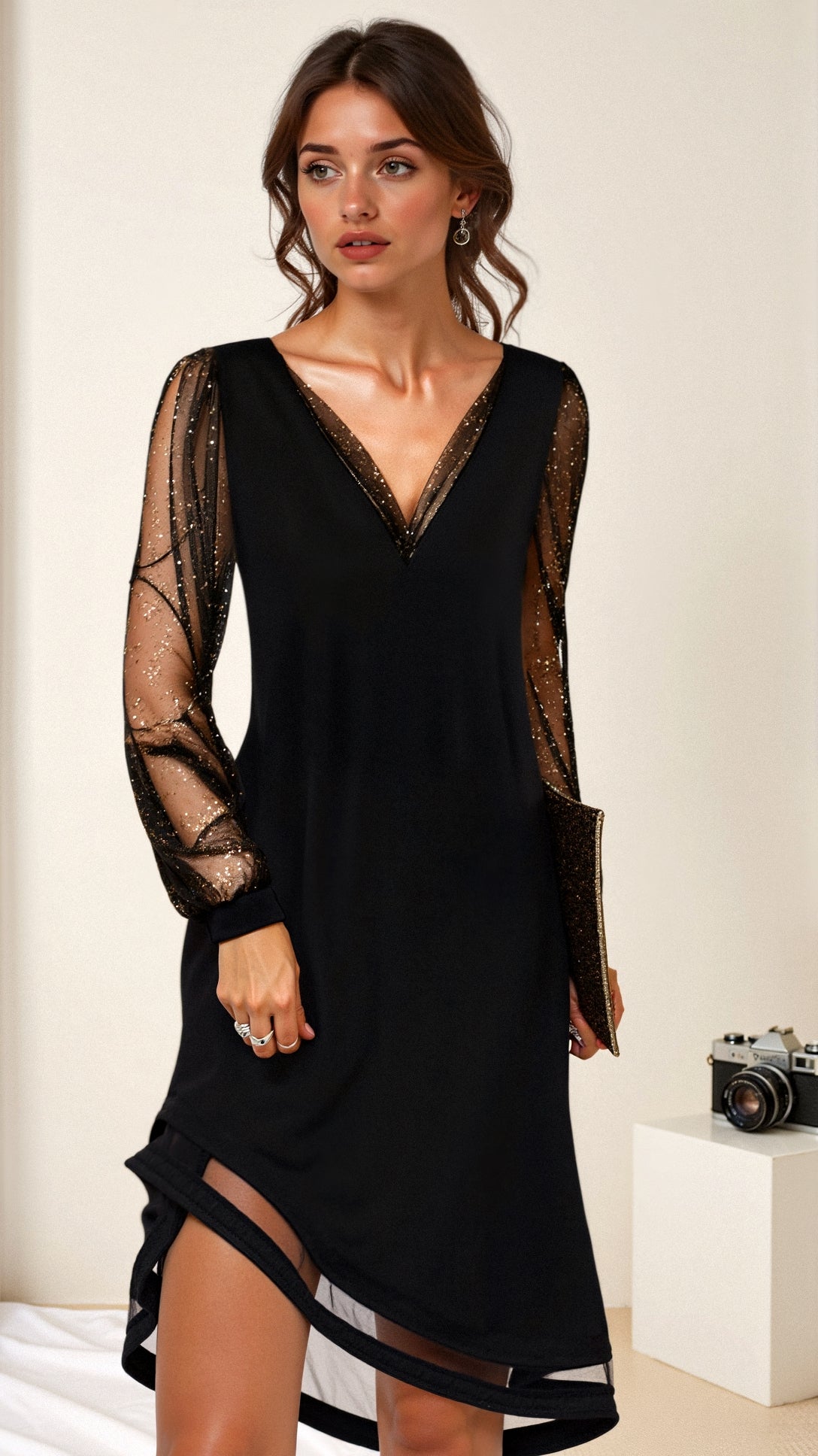Women’s Mini Dress with Mesh Sleeves and V-Neck for Summer 0