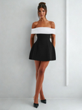 Women’s Mini Dress with Off-Shoulder Neckline and Bow Detail in Two-Tone Design 0