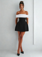 Women’s Mini Dress with Off-Shoulder Neckline and Bow Detail in Two-Tone Design 0