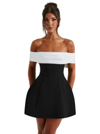 Women’s Mini Dress with Off-Shoulder Neckline and Bow Detail in Two-Tone Design 1