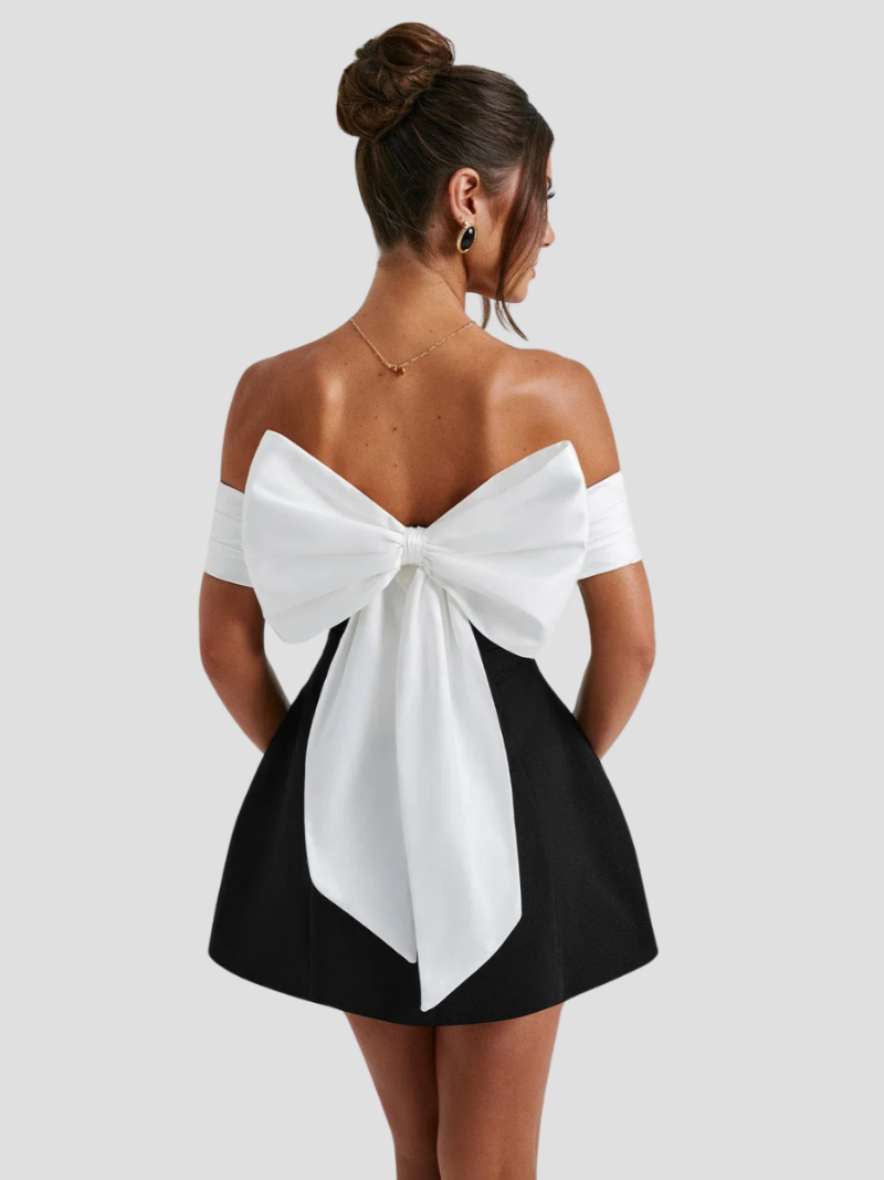 Women’s Mini Dress with Off-Shoulder Neckline and Bow Detail in Two-Tone Design 2