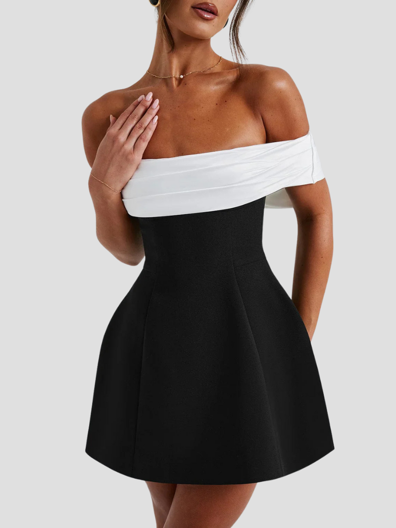 Women’s Mini Dress with Off-Shoulder Neckline and Bow Detail in Two-Tone Design 3