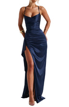 Women’s Navy Blue Maxi Dress with Spaghetti Straps and Thigh-High Slit 0