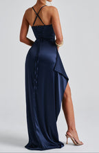 Women’s Navy Blue Maxi Dress with Spaghetti Straps and Thigh-High Slit 1