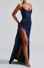 Women’s Navy Blue Maxi Dress with Spaghetti Straps and Thigh-High Slit 2
