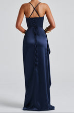 Women’s Navy Blue Maxi Dress with Spaghetti Straps and Thigh-High Slit 3