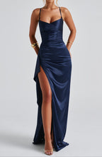 Women’s Navy Blue Maxi Dress with Spaghetti Straps and Thigh-High Slit 4