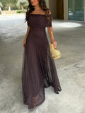Women’s Off Shoulder Chiffon Maxi Dress with Straight Neckline 0