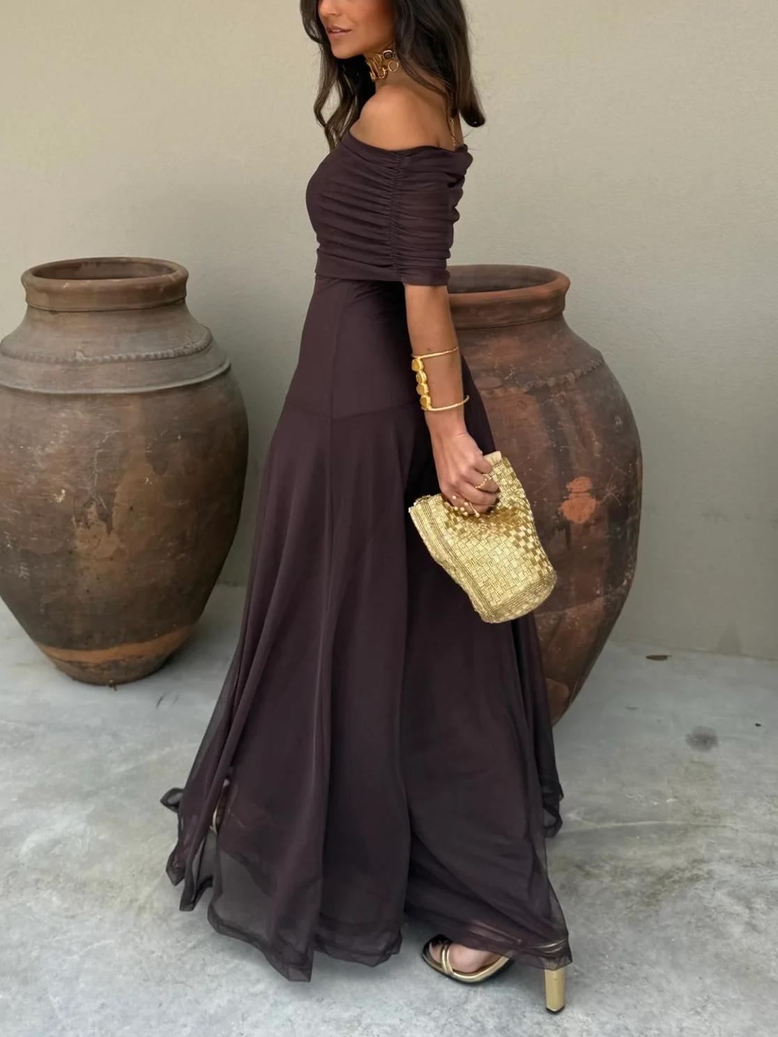 Women’s Off Shoulder Chiffon Maxi Dress with Straight Neckline 1
