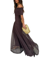 Women’s Off Shoulder Chiffon Maxi Dress with Straight Neckline 2