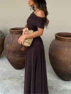 Women’s Off Shoulder Chiffon Maxi Dress with Straight Neckline 3