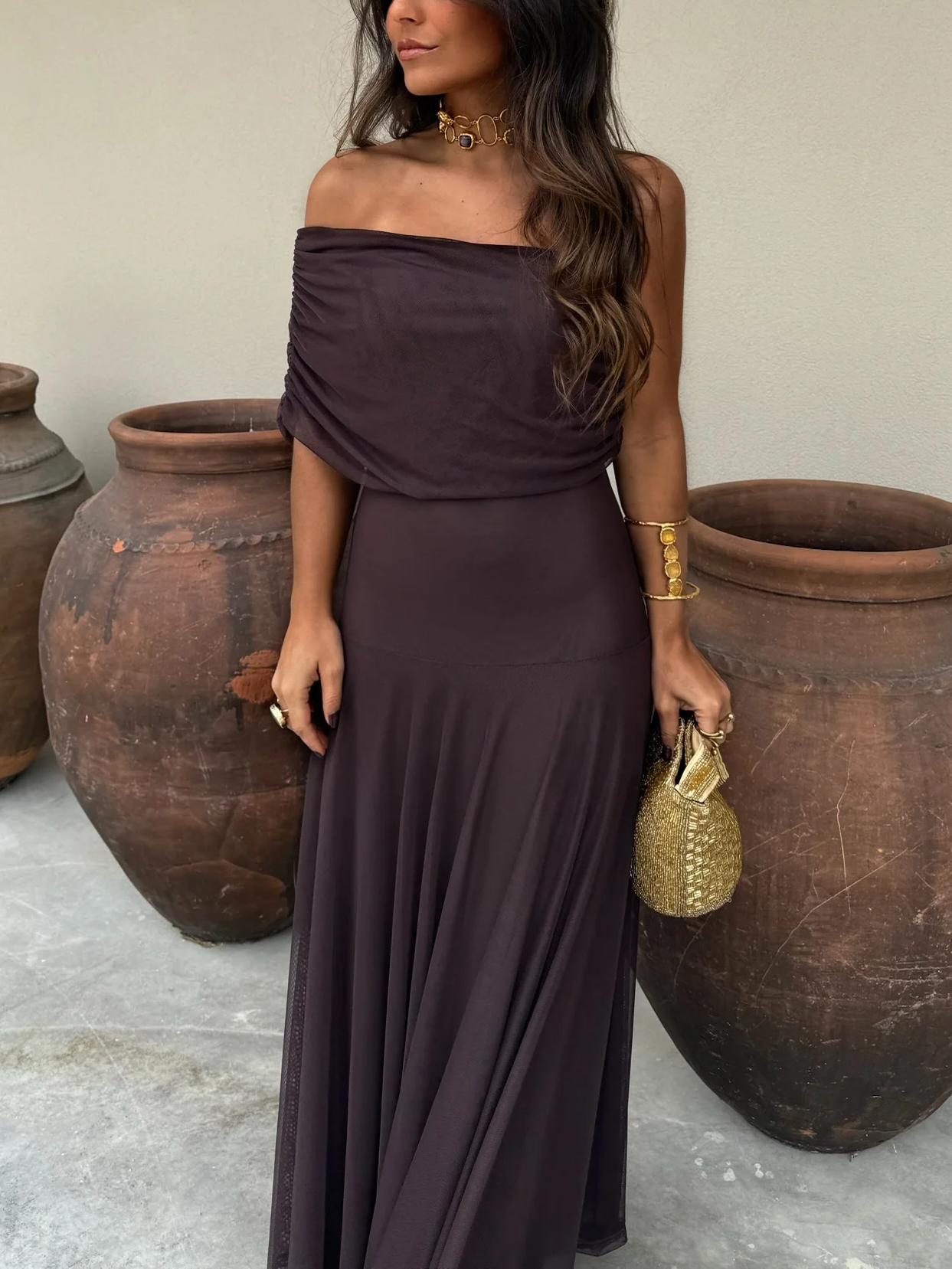 Women’s Off Shoulder Chiffon Maxi Dress with Straight Neckline 7