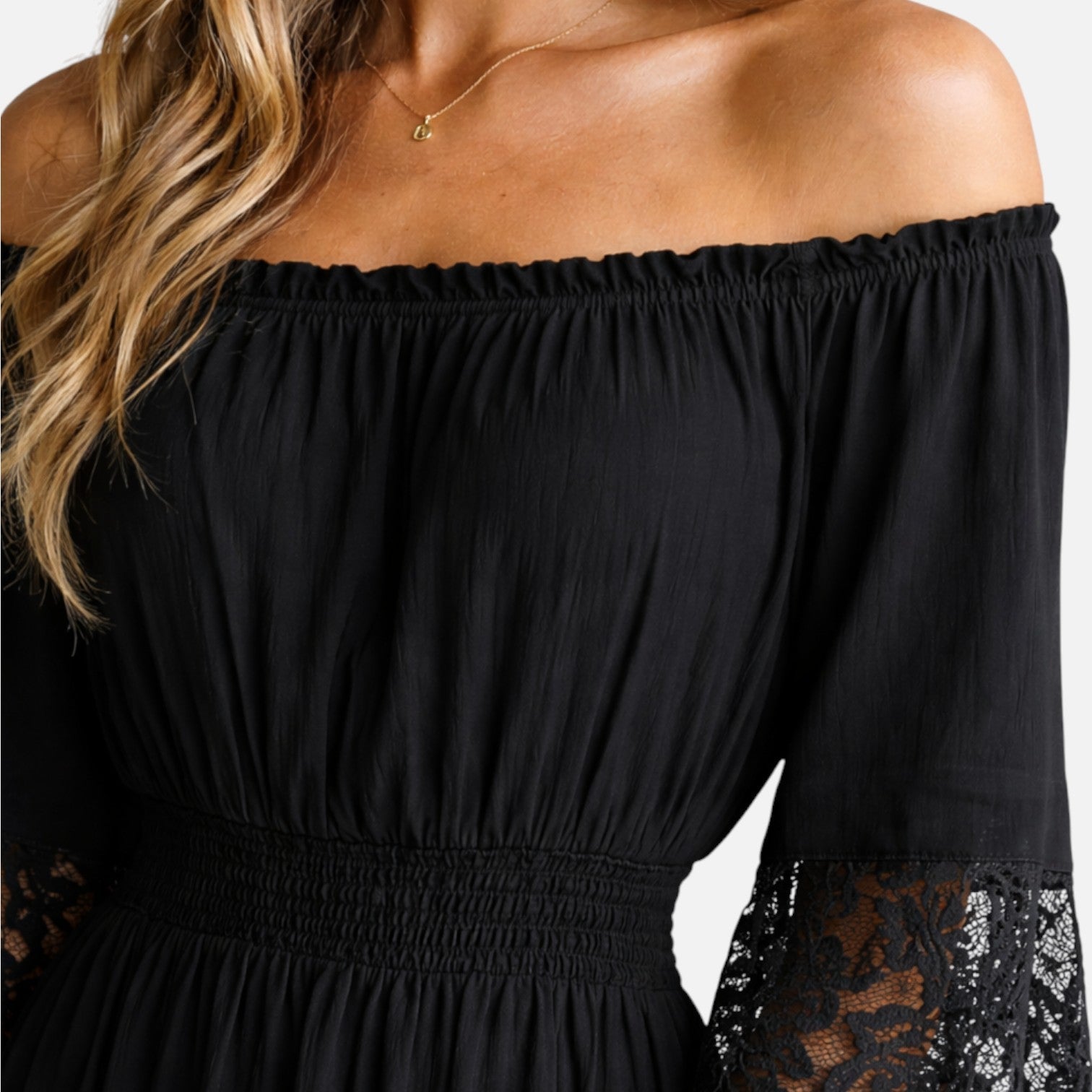 Women’s Off Shoulder Maxi Dress with Lace Detailing and Bell Sleeves 1