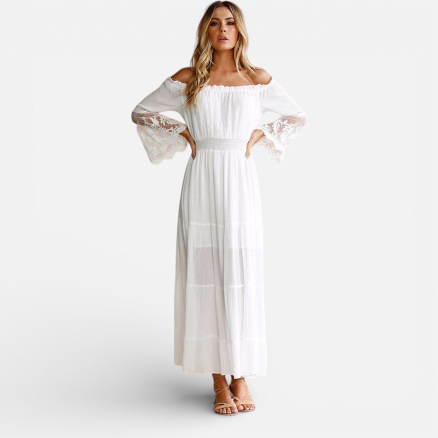 Women’s Off Shoulder Maxi Dress with Lace Detailing and Bell Sleeves 3