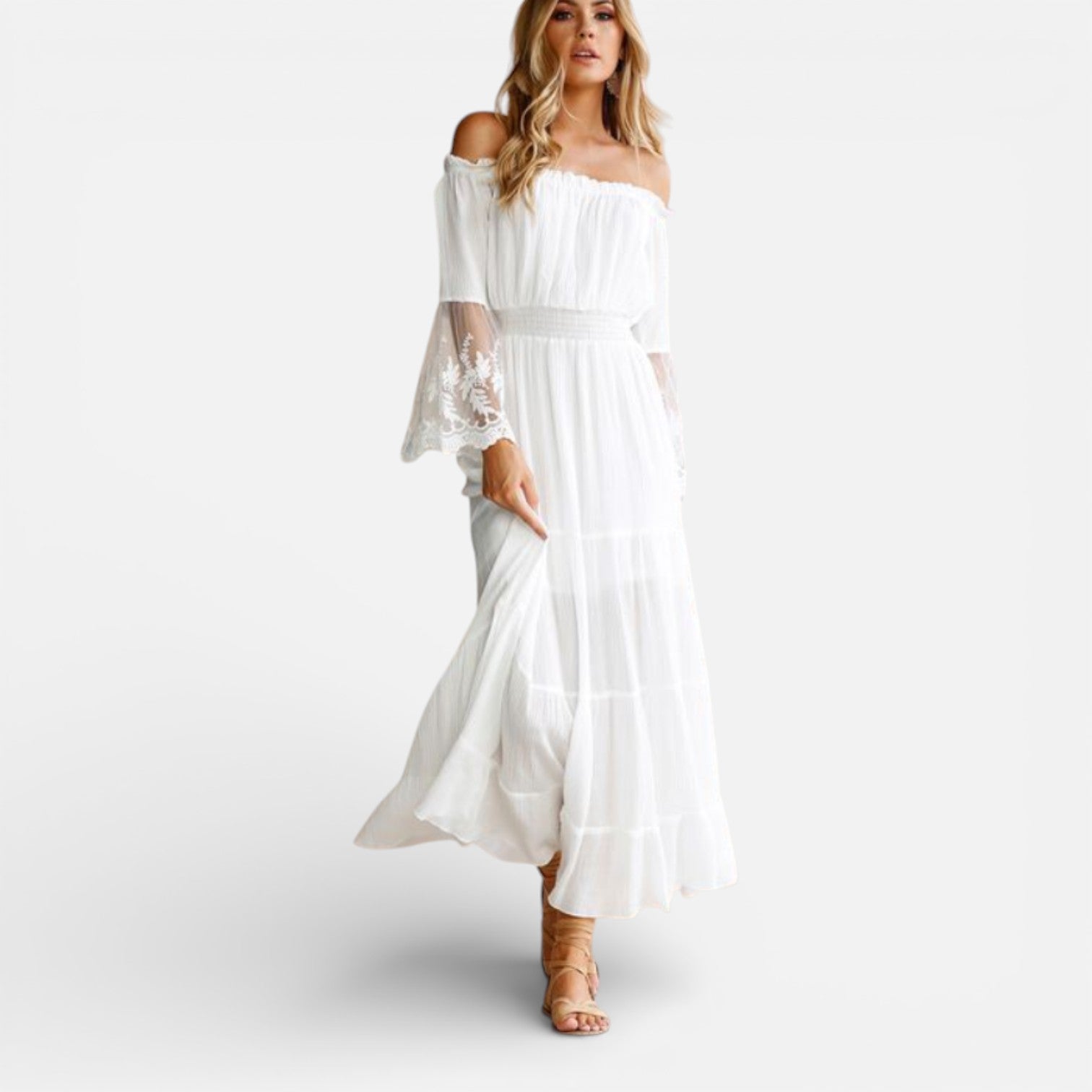 Women’s Off Shoulder Maxi Dress with Lace Detailing and Bell Sleeves 6