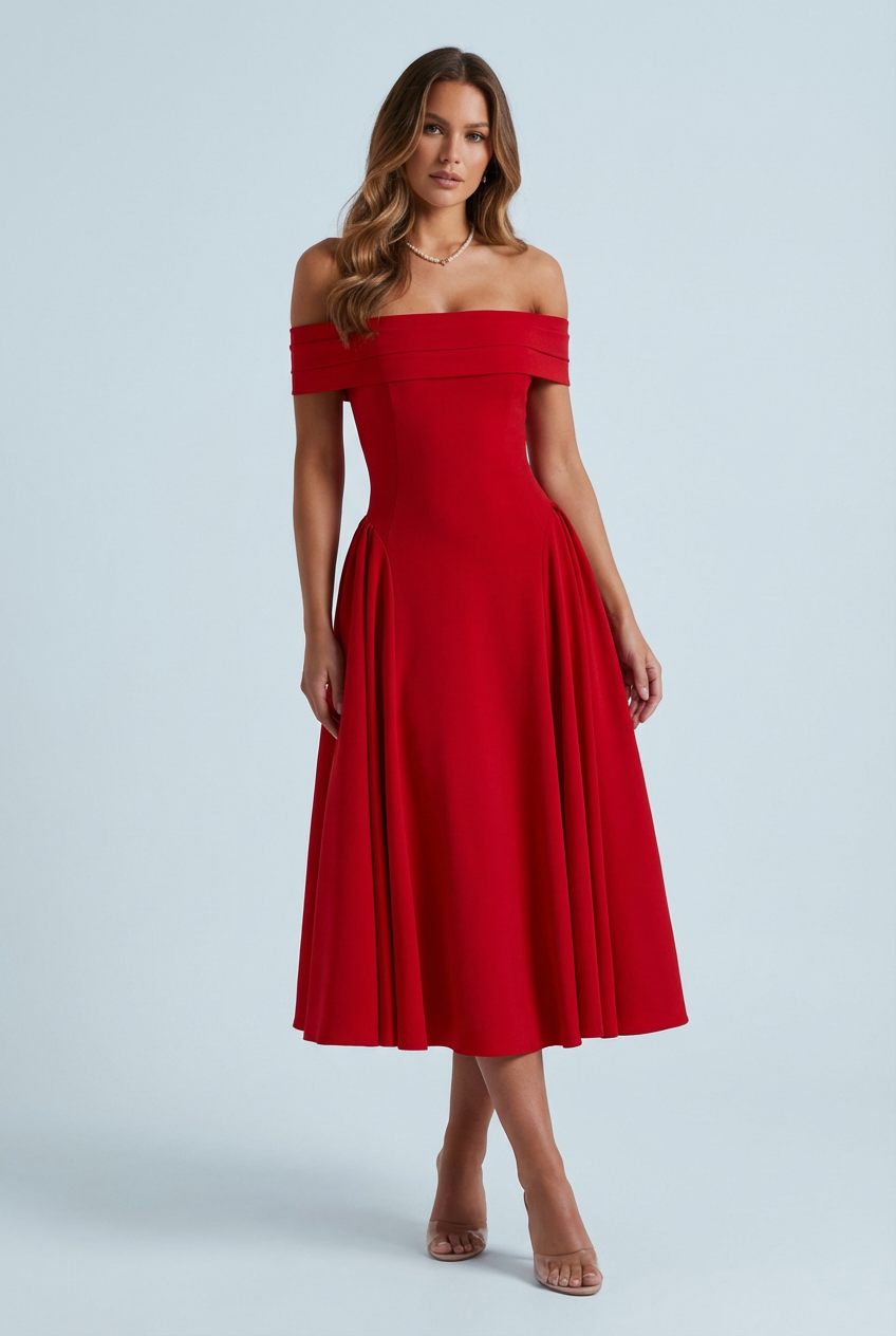 Women’s Off Shoulder Pleated Flare Midi Dress in White 0