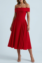 Women’s Off Shoulder Pleated Flare Midi Dress in White 2