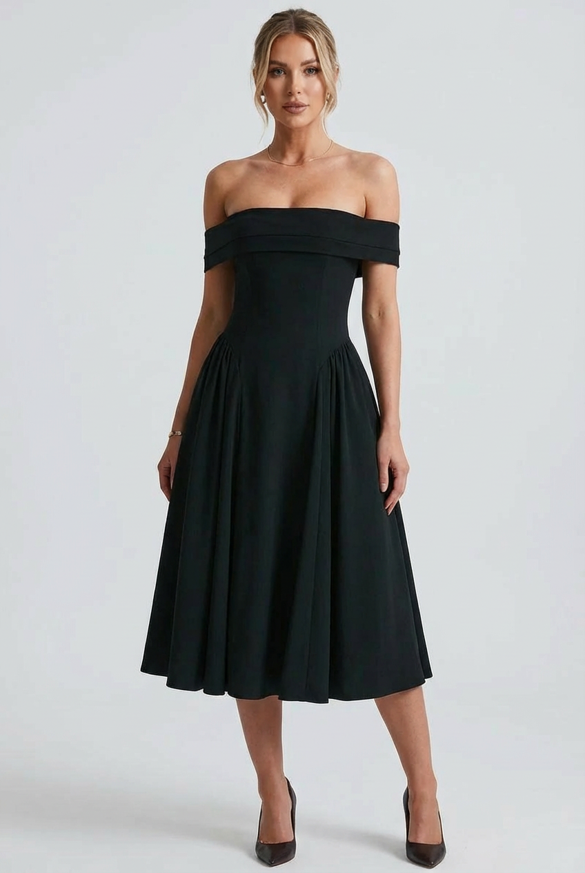Women’s Off Shoulder Pleated Flare Midi Dress in White 4
