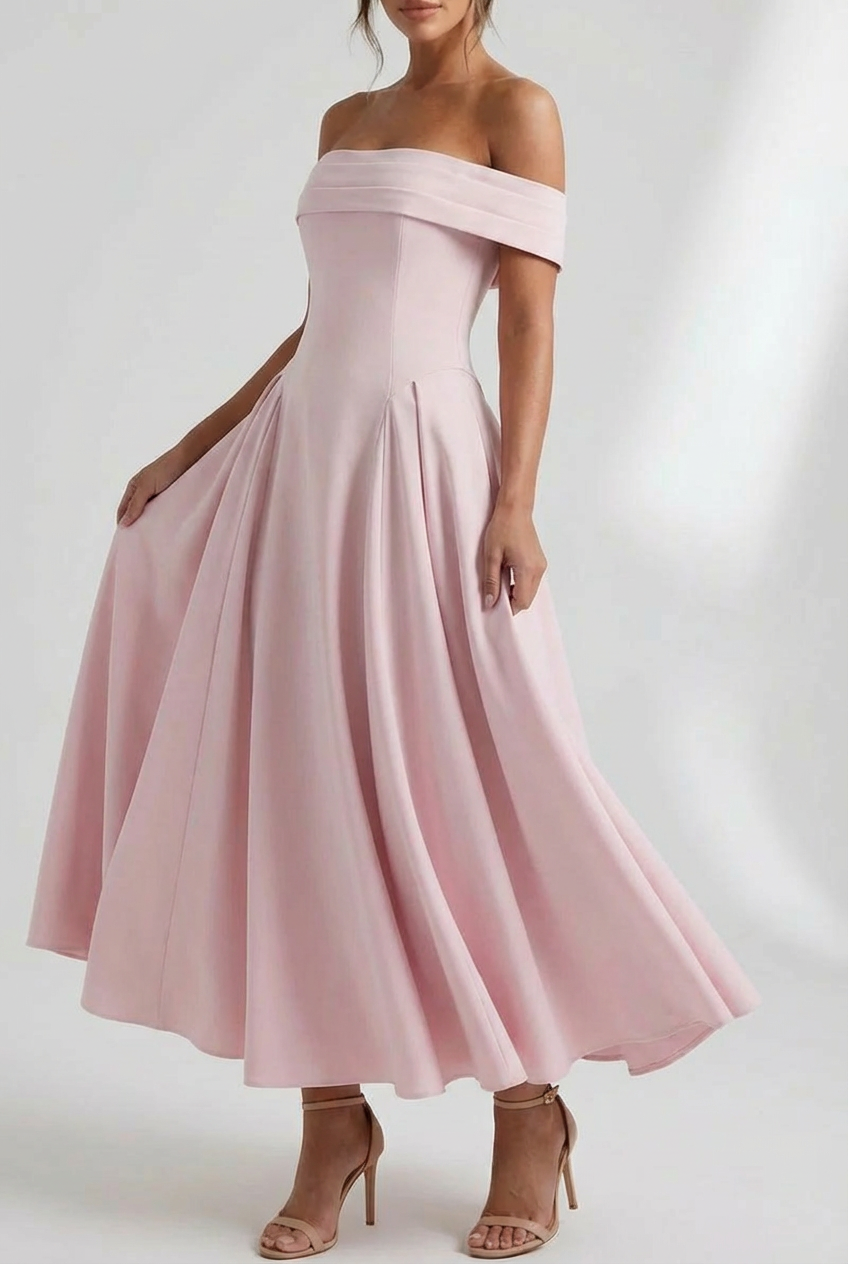 Women’s Off Shoulder Pleated Flare Midi Dress in White 5