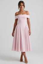 Women’s Off Shoulder Pleated Flare Midi Dress in White 6