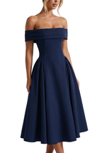 Women’s Off Shoulder Pleated Flare Midi Dress in White 7