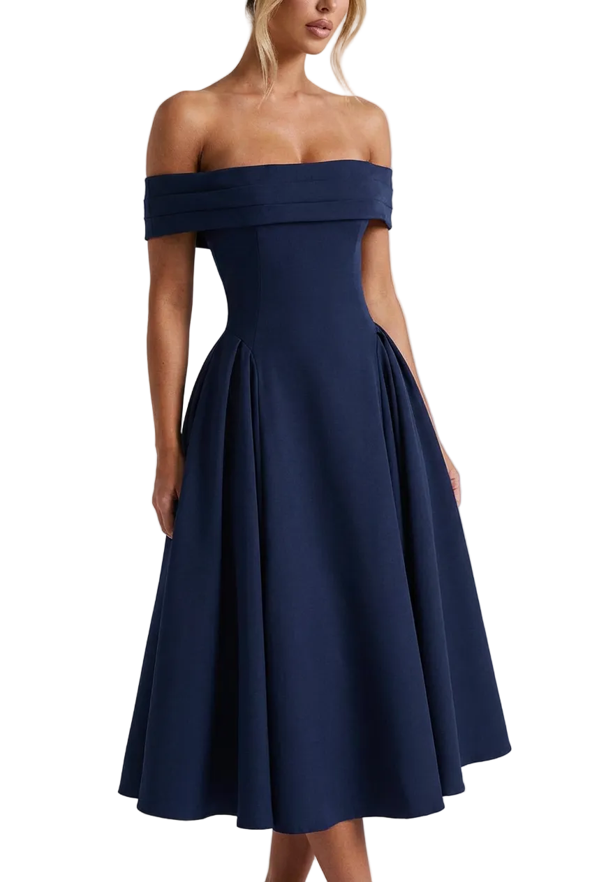 Women’s Off Shoulder Pleated Flare Midi Dress in White 7