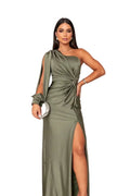 Women’s One-Shoulder Satin Evening Gown with Thigh Slit and Floor-Length Design 0