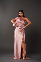 Women’s One-Shoulder Satin Evening Gown with Thigh Slit and Floor-Length Design 11