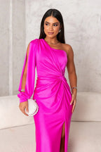 Women’s One-Shoulder Satin Evening Gown with Thigh Slit and Floor-Length Design 13